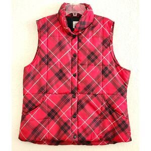 VEST-PUFFER-IZOD-Red Plaid-Snaps-Classic-Lightweight-Front Pockets-Size X-Large